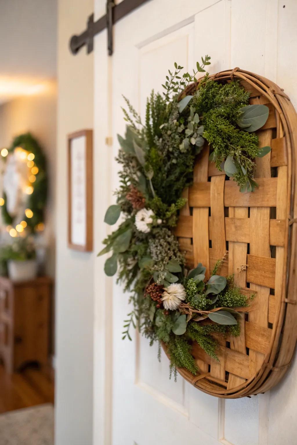 Enhance your wreath with a tobacco basket backdrop.