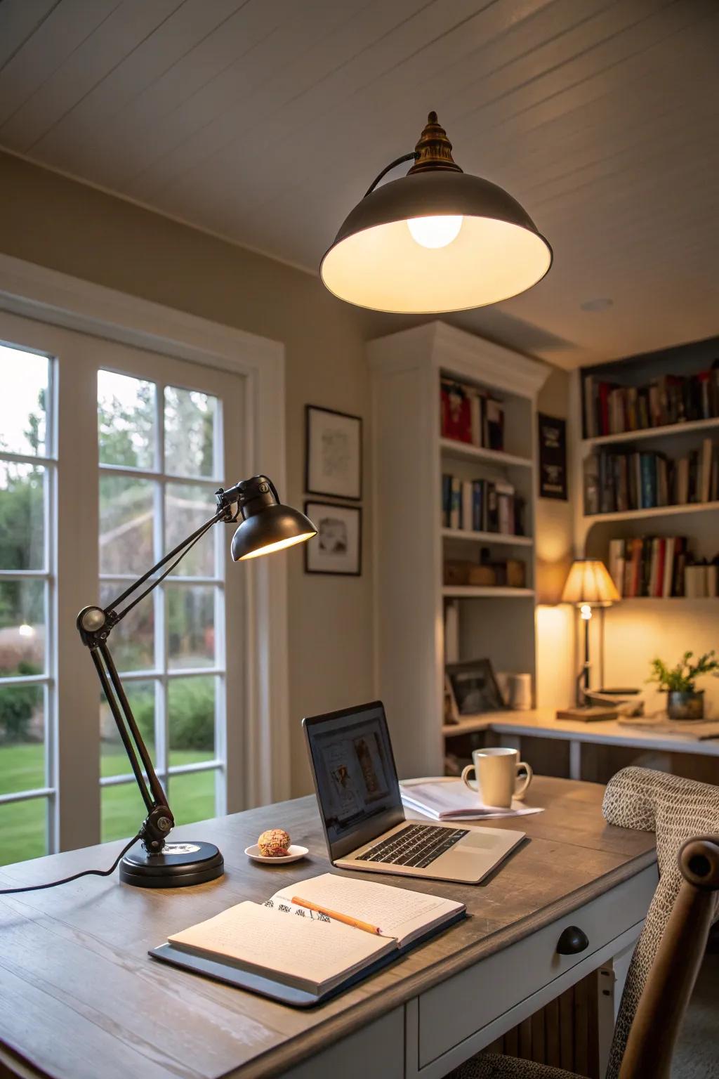 Strategic lighting enhances both work and relaxation.