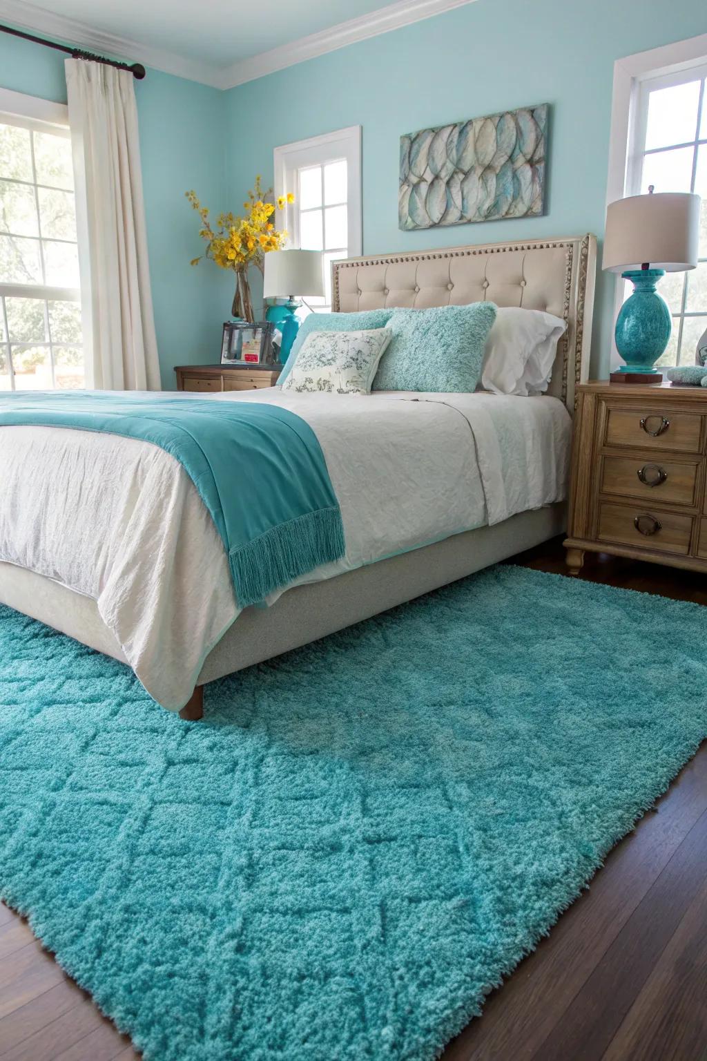 A turquoise rug anchors this bedroom's design with a pop of color.