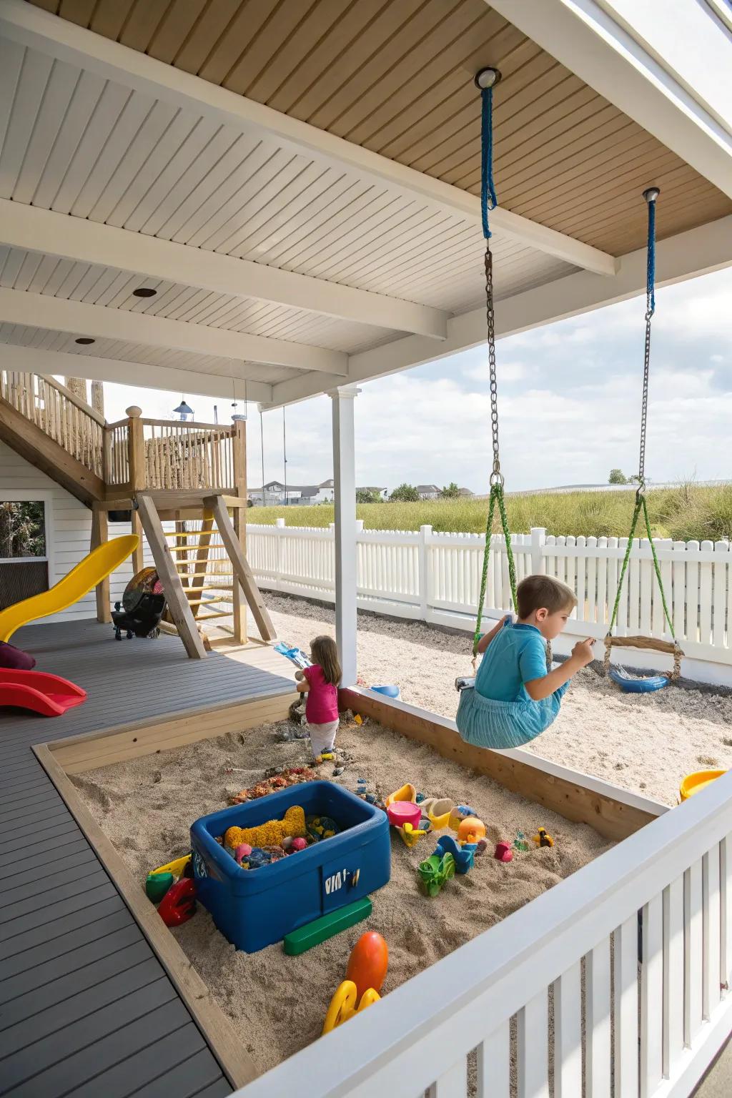 A playful and safe children's area under the deck, full of fun activities.