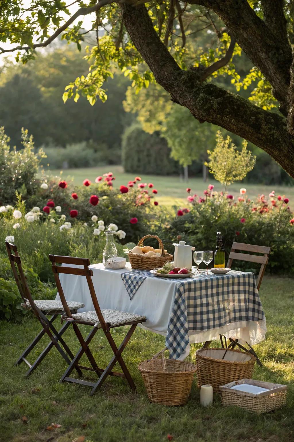 A picnic table invites you to dine al fresco under the tree.