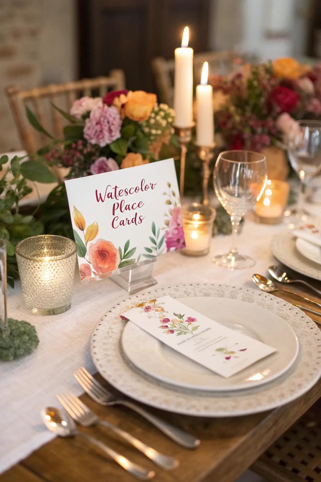 Watercolor place cards bring an artistic flair.