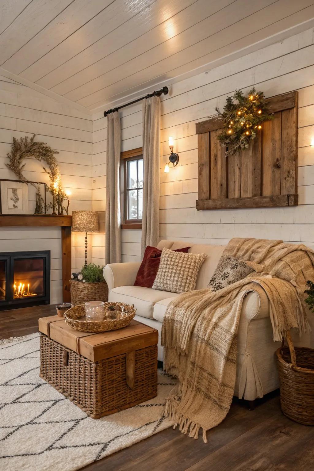 Achieve rustic charm with shiplap wallpaper for a cozy atmosphere.