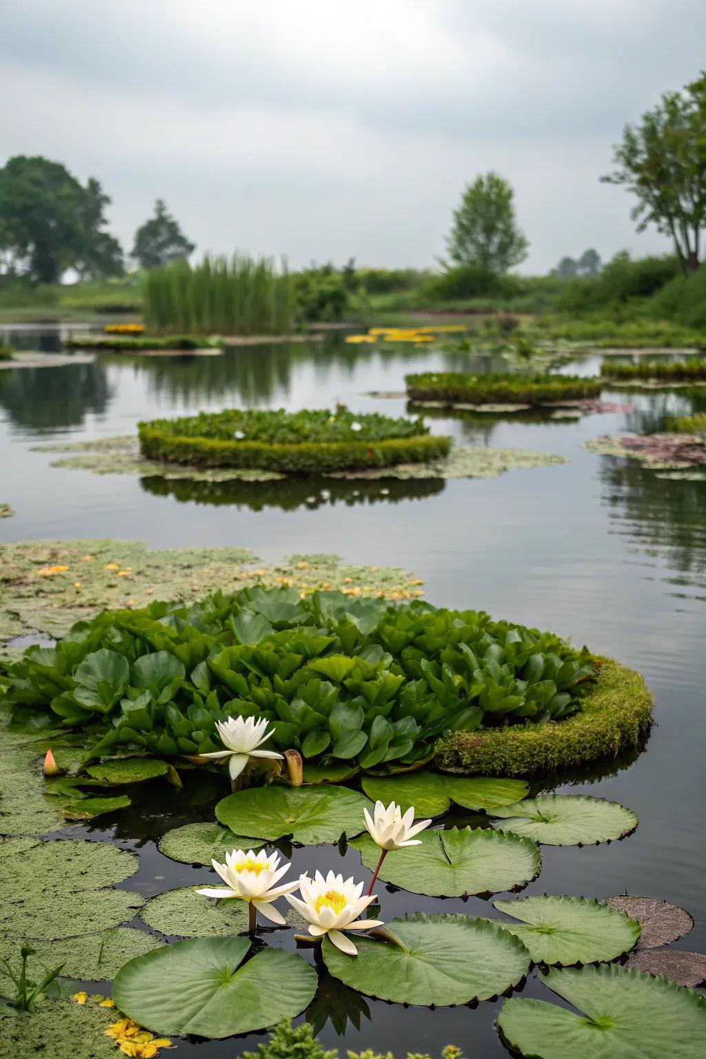 Drifting flora islands propose a distinctive twist to ponds.
