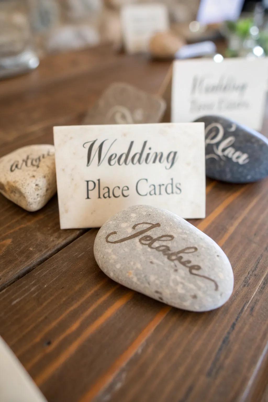 Unique stone place cards add a personal touch.