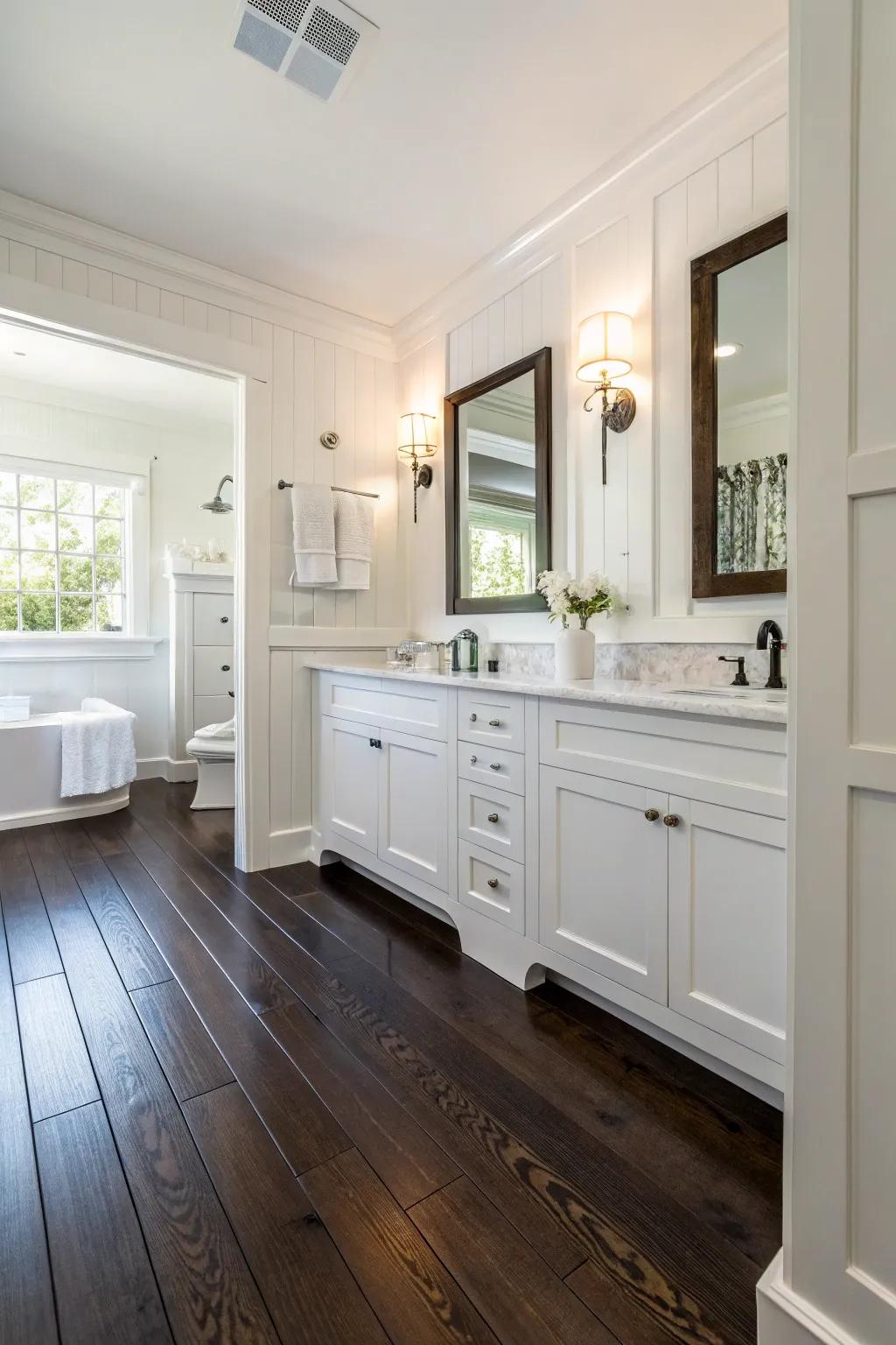 Dark flooring offers a grounding contrast in this white bathroom.