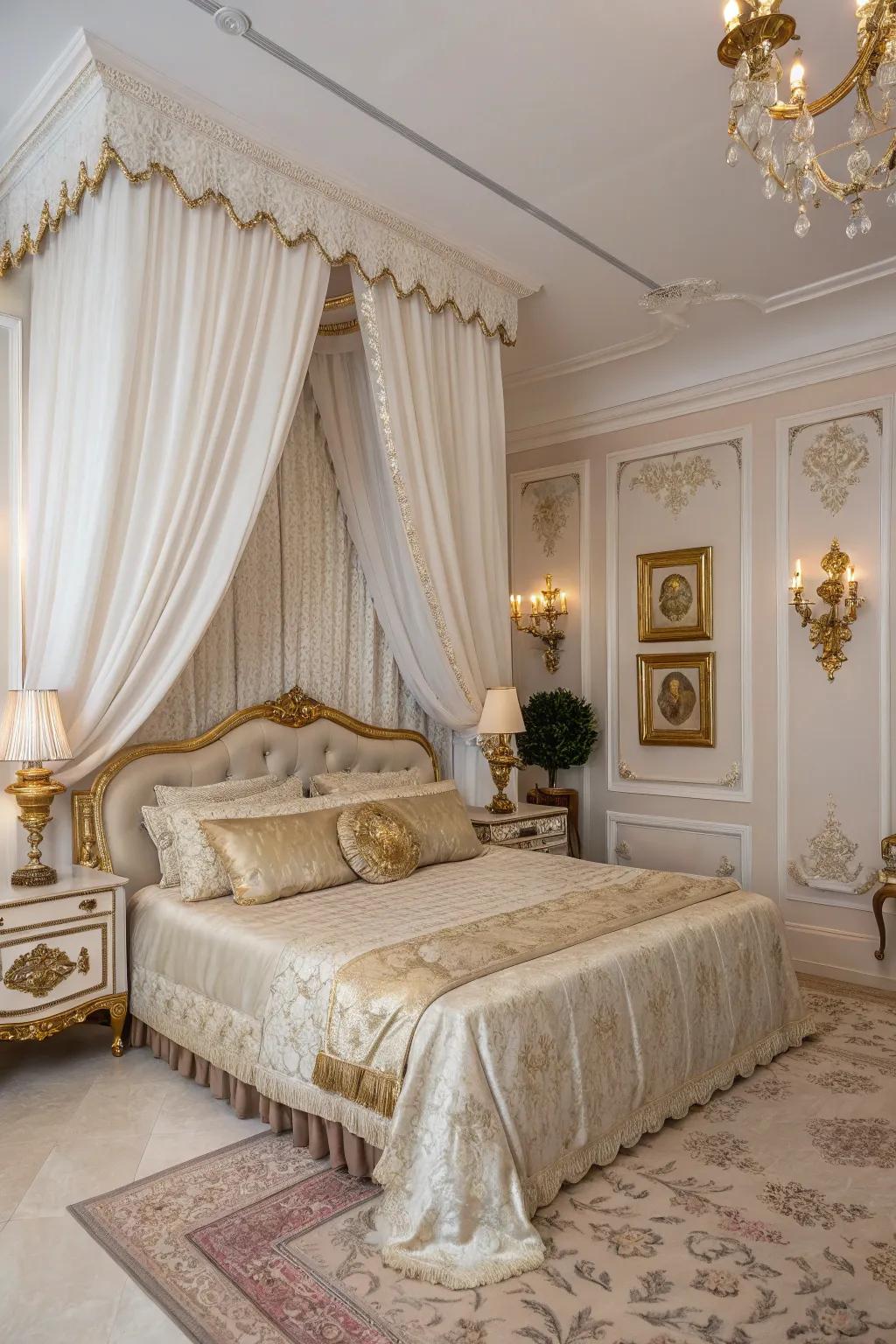 White velvet curtains add a luxurious touch to this bedroom.