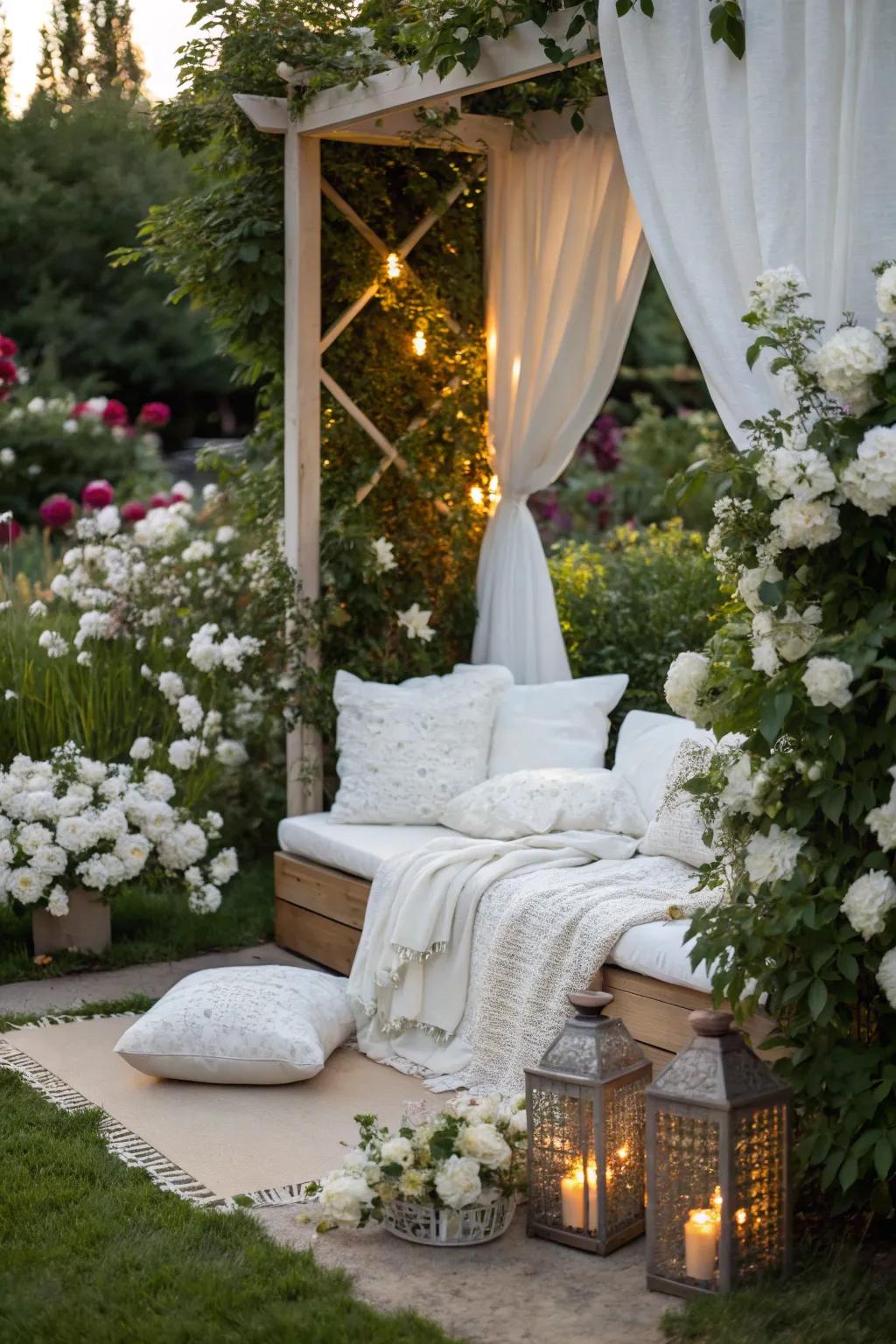 A serene garden corner with white decor invites relaxation.
