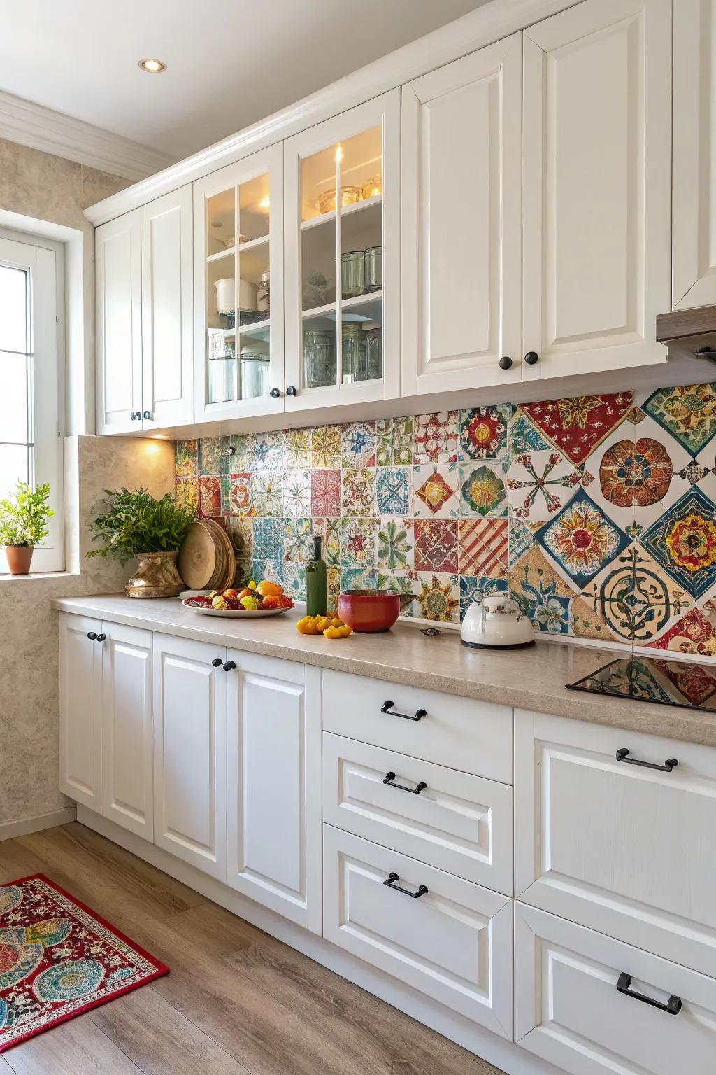 A bold backsplash adds character to a white kitchen.