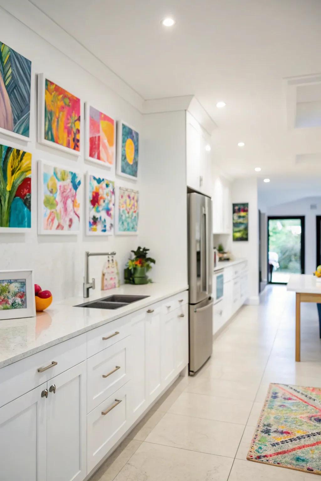 Colorful art pieces personalize the white kitchen area.
