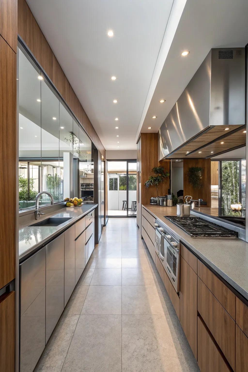 Mirrors creating an illusion of more space in a wide galley kitchen.