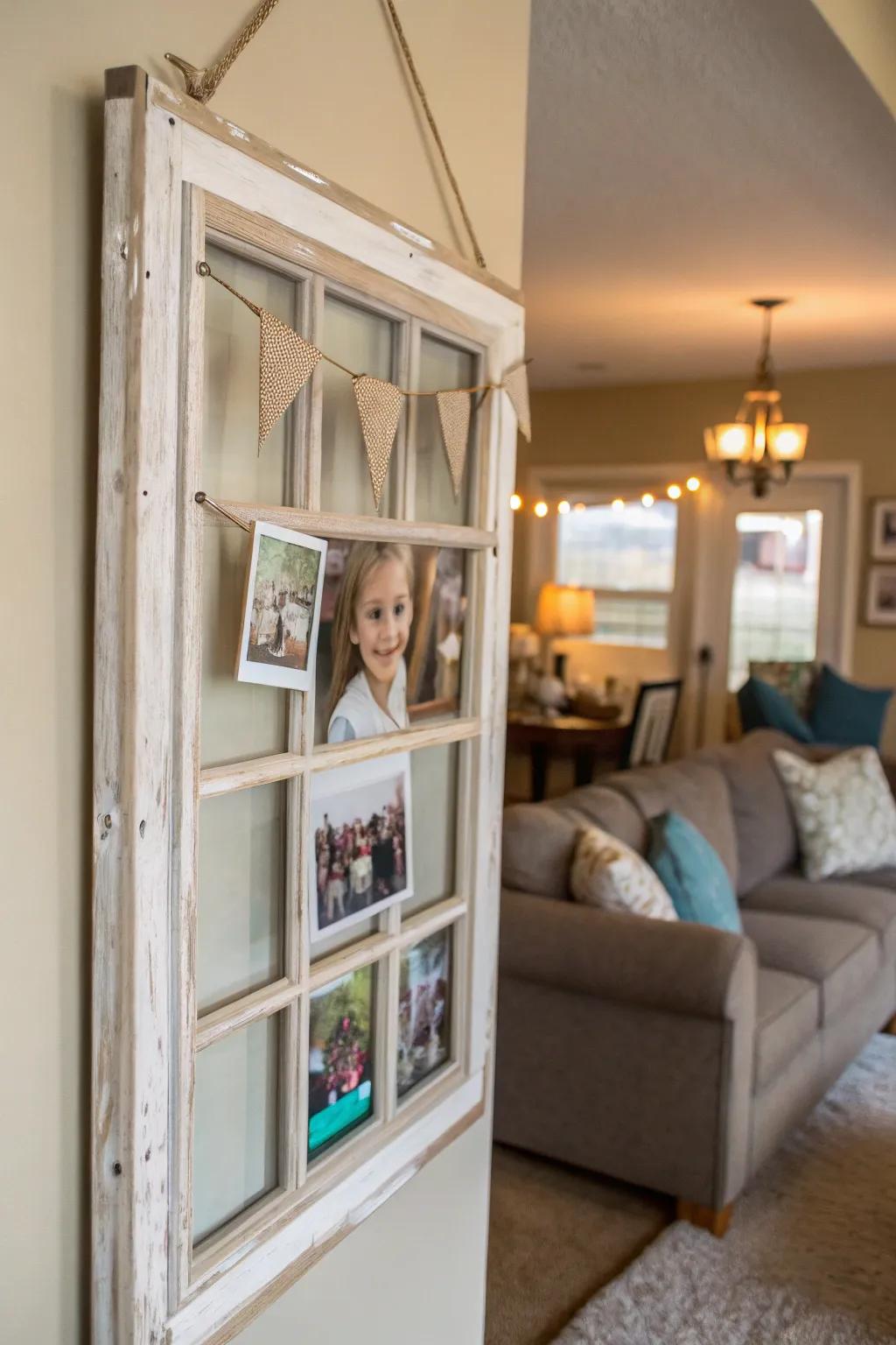 Window frames repurposed as image casings beget customized ornamentation.