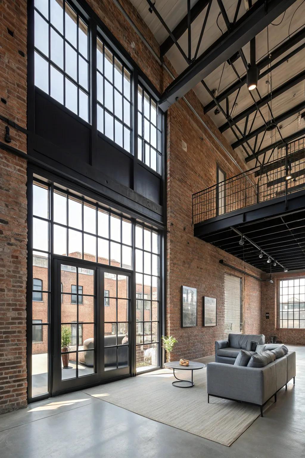 Satin black trim complements an industrial loft backdrop.