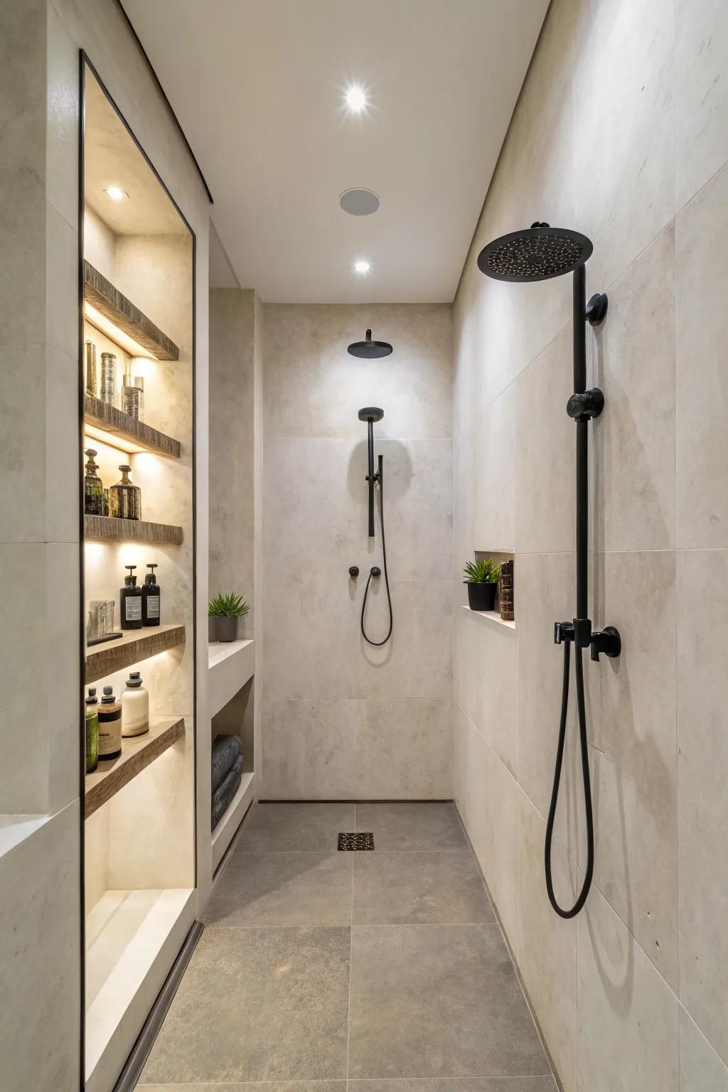 Wall-mounted faucets add a sleek touch to compact showers.