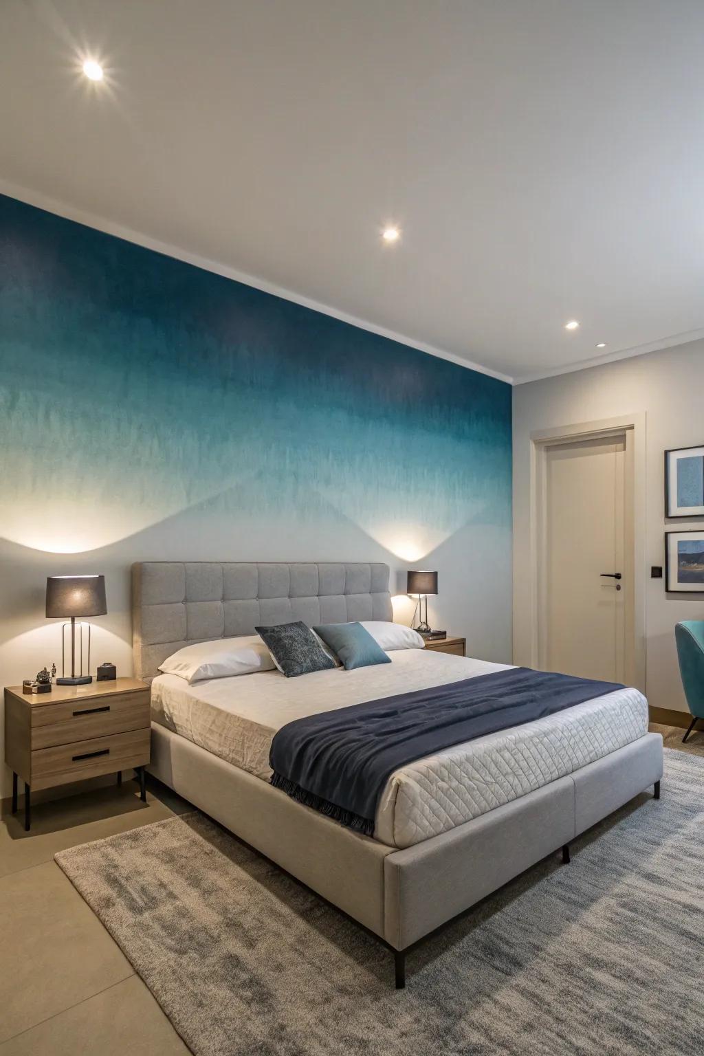 Ombre effects on the accent wall bring dynamic depth to the bedroom.