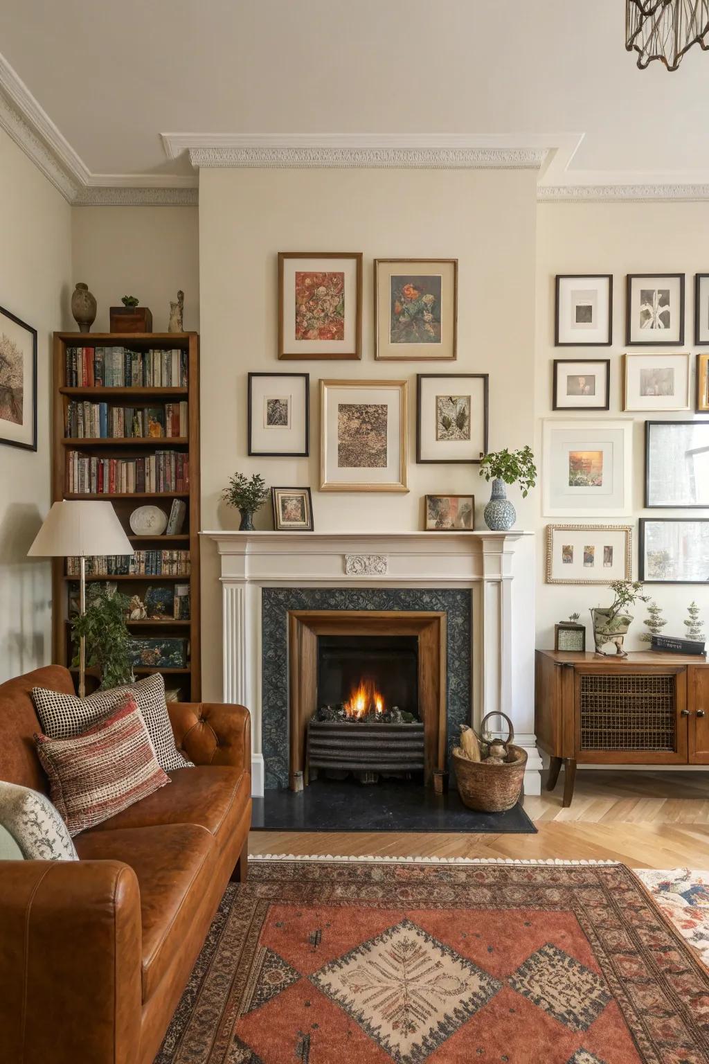 A gallery wall turns the fireplace into a personal art display.