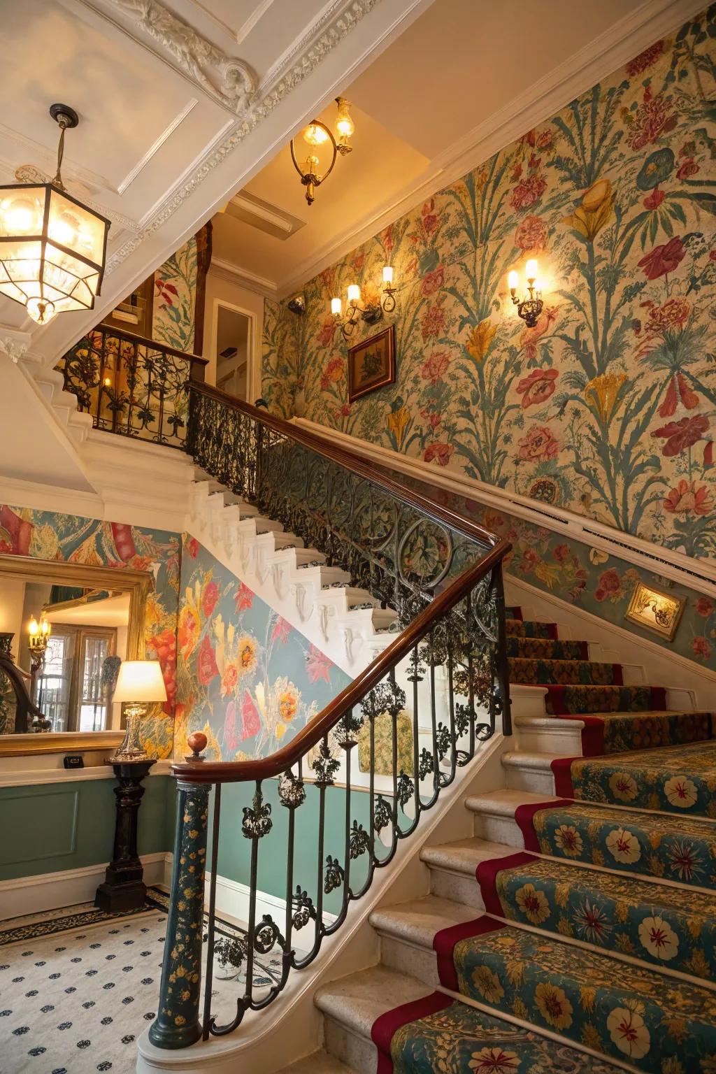 Vibrant wallpaper transforms a staircase into a bold statement.