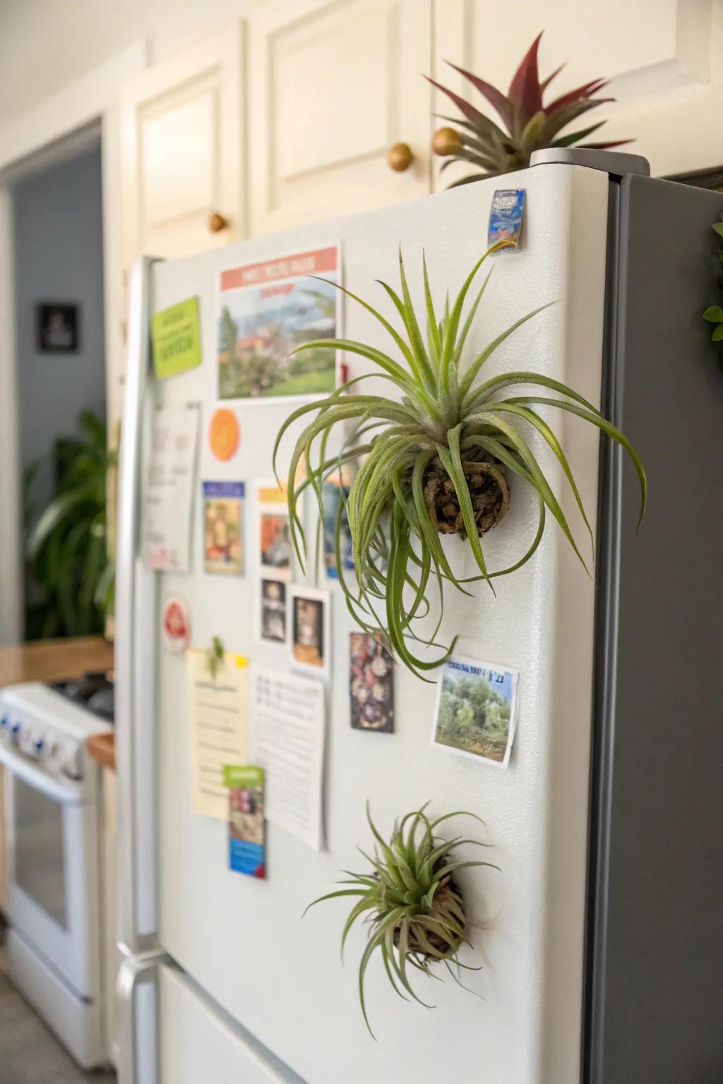 Magnetic air plants enlivening kitchen spaces.