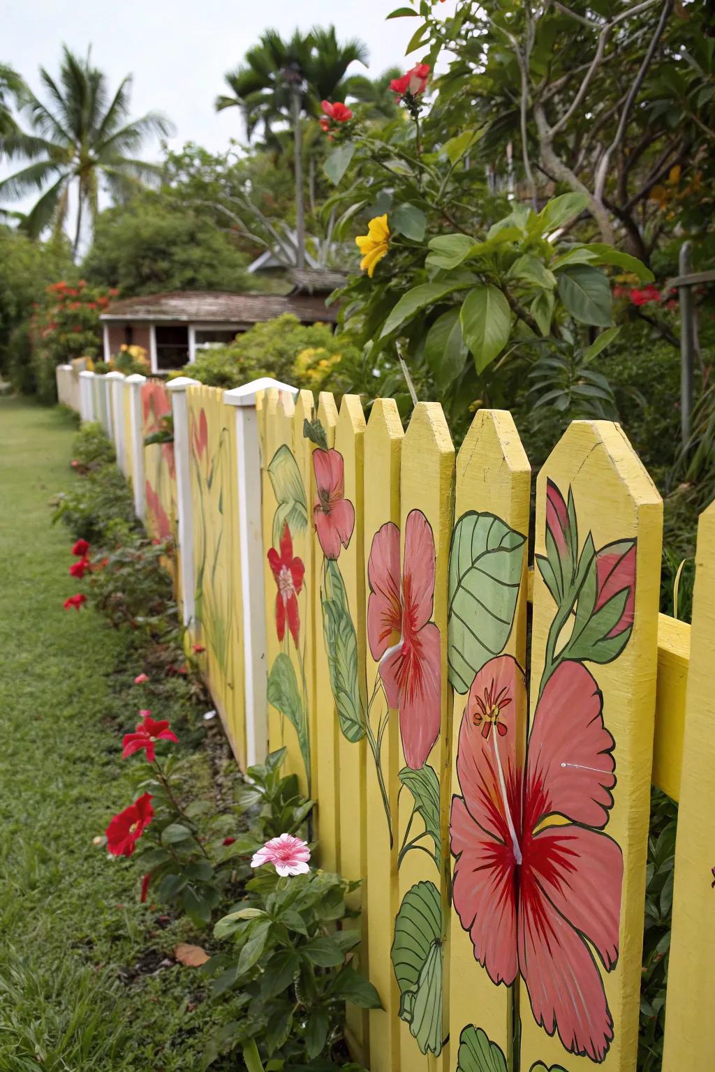 Exotic flowers on a fence establish a backyard getaway.