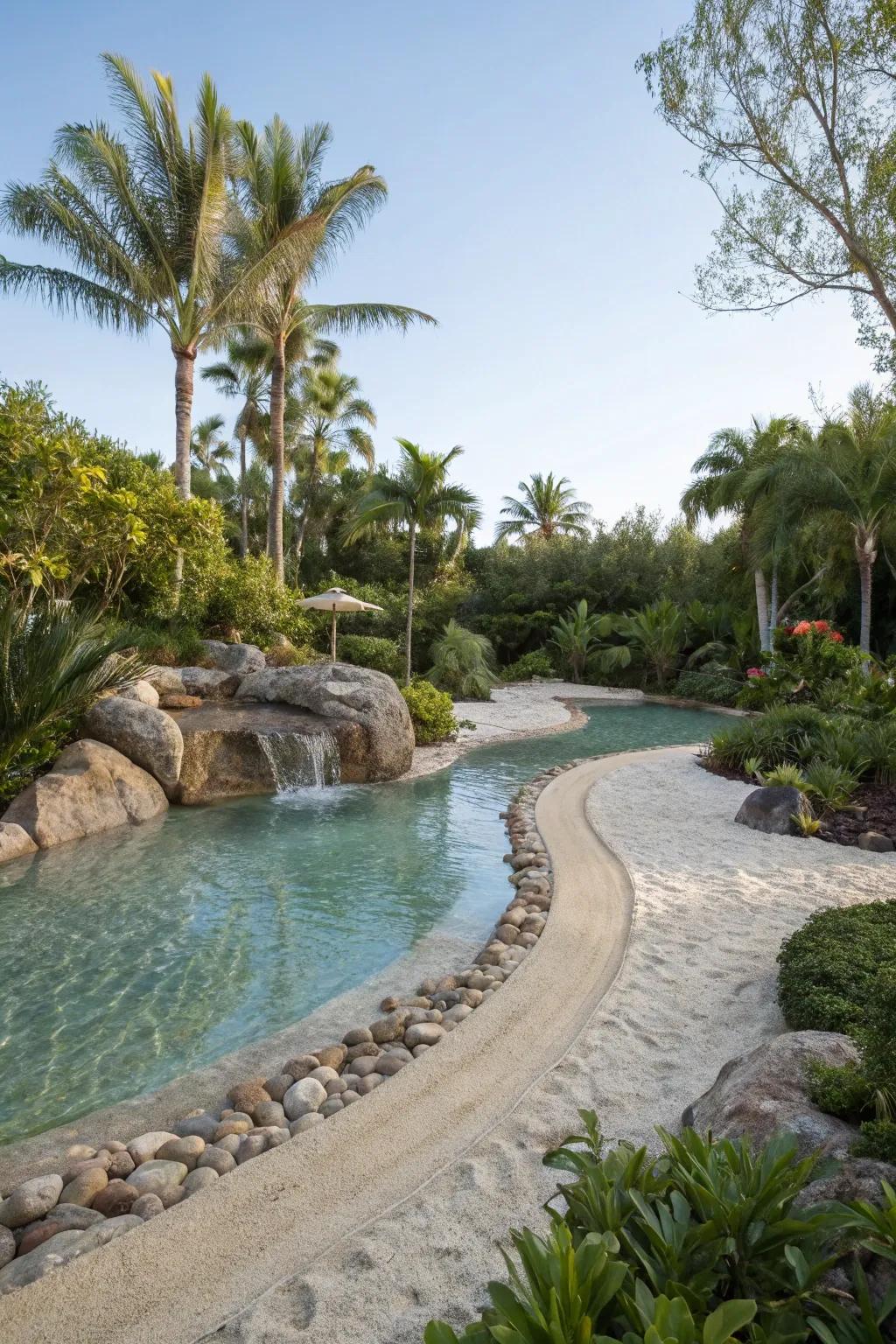 A lazy river pool with a gradual beach entry for seamless access.