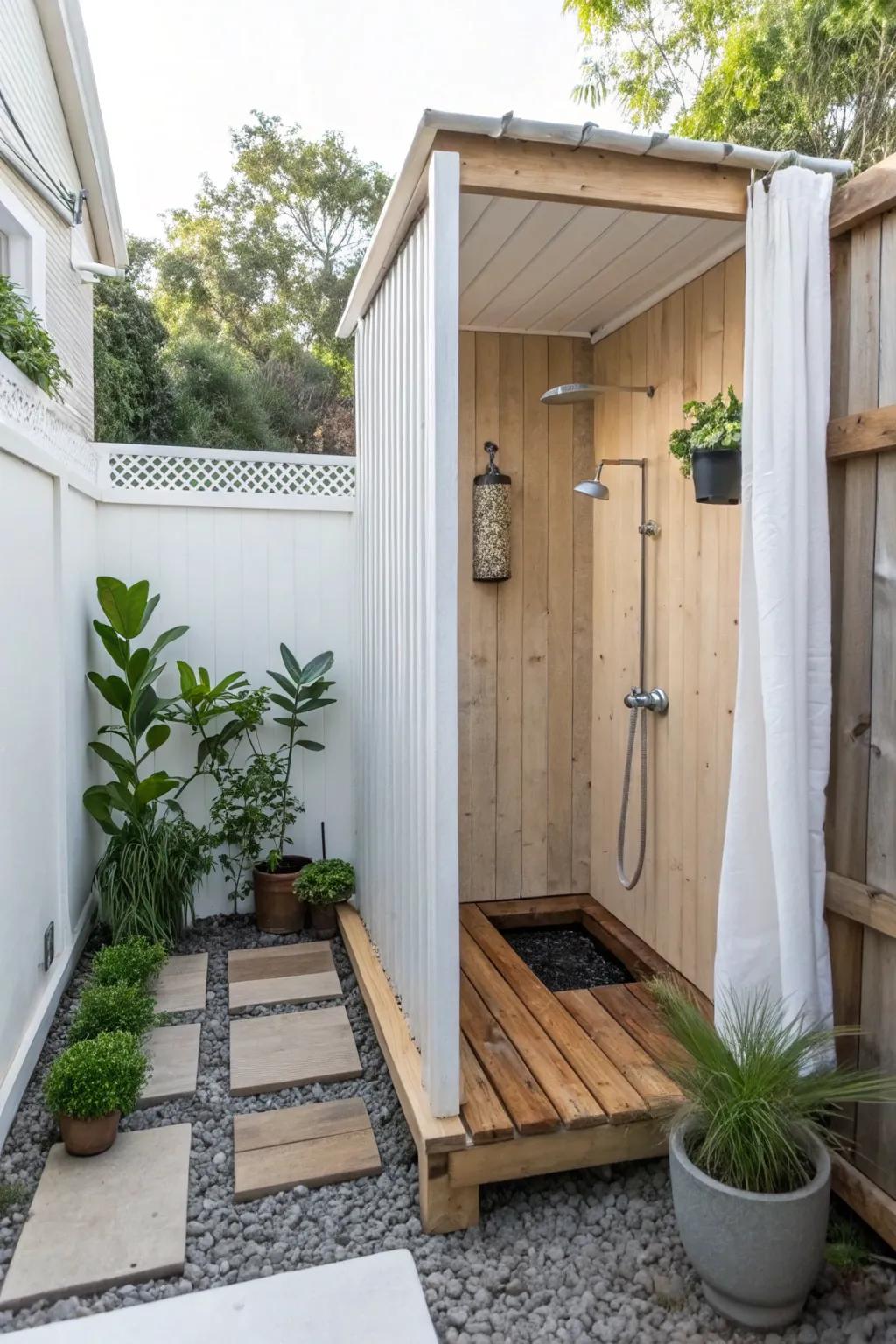 A chic, compact outdoor shower perfect for small spaces.