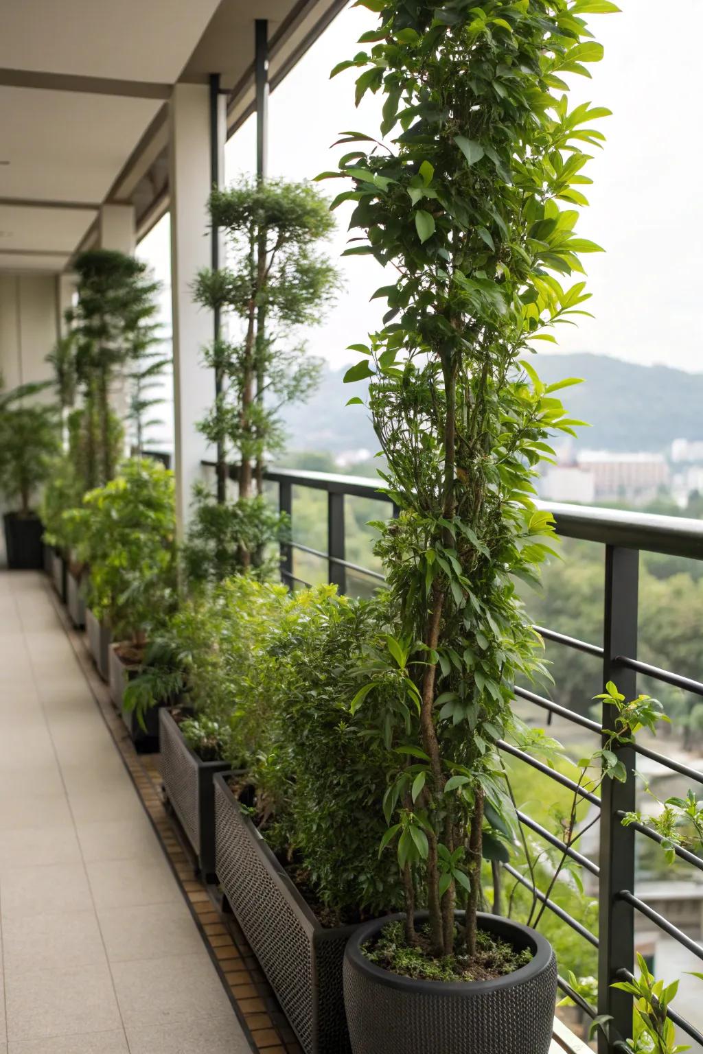 Potted plant screens provide privacy and a touch of nature.