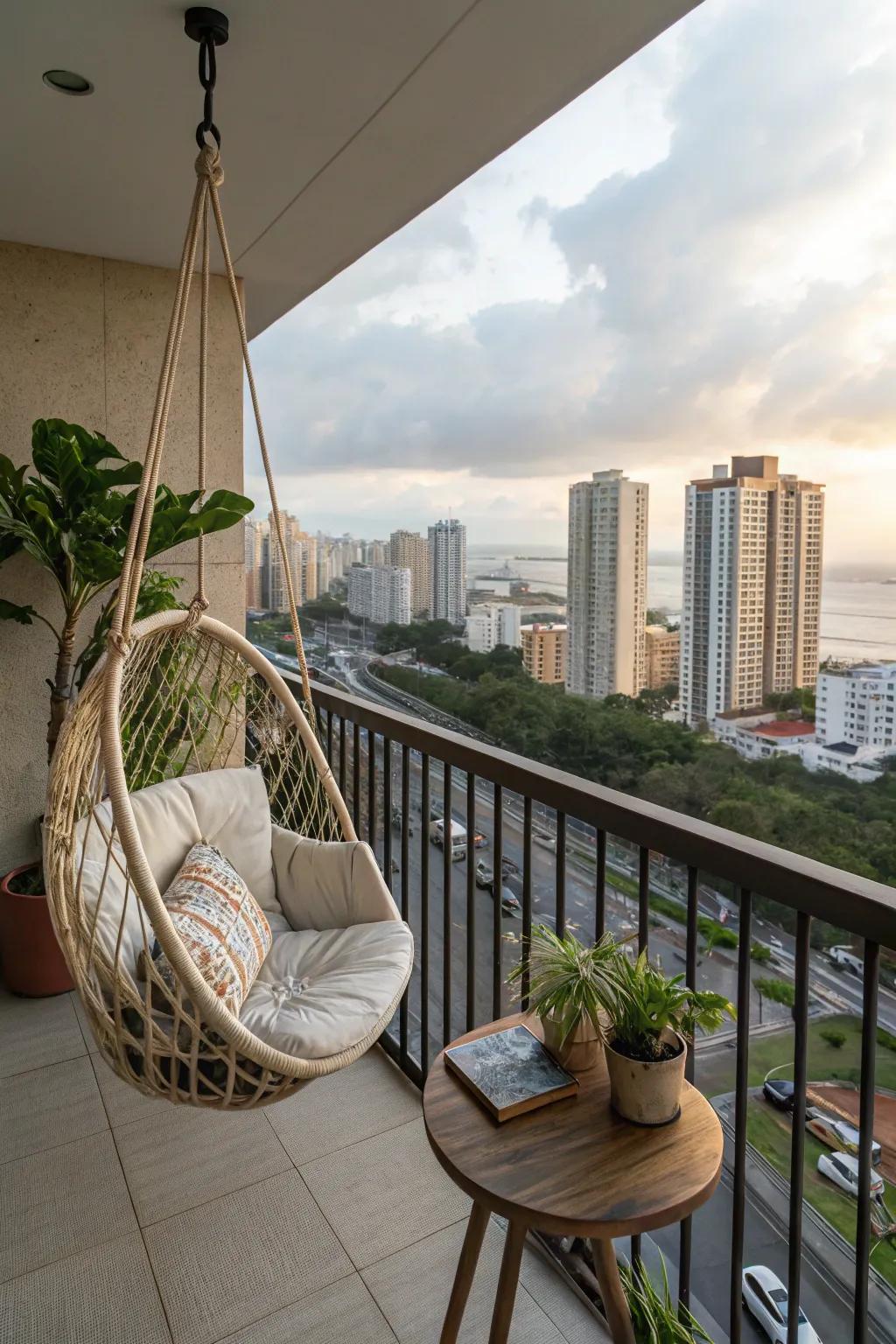 A hanging chair provides a unique and playful seating option.