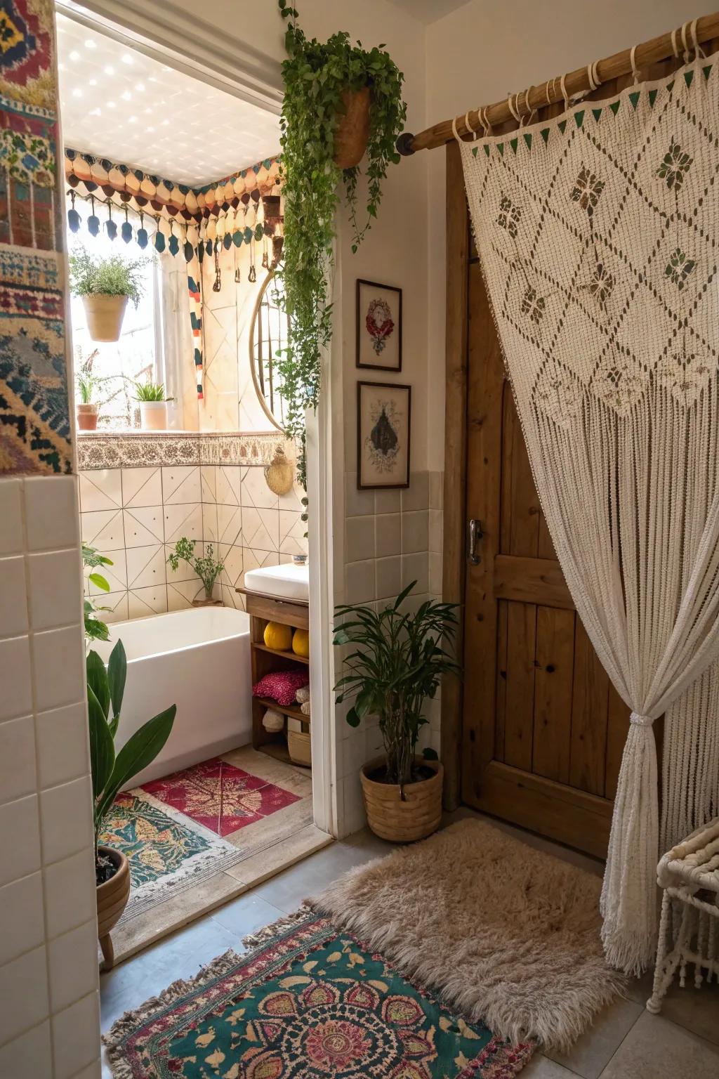 Beaded doors add a bohemian and airy feel to your bathroom.