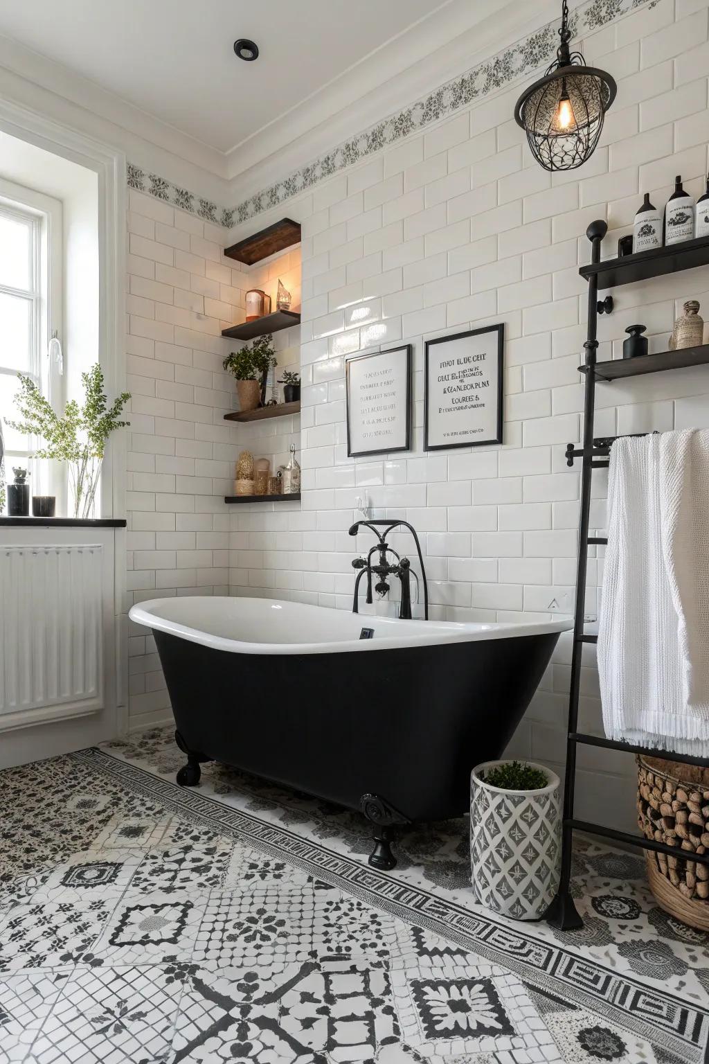 A sophisticated bathroom featuring a bold, black tub.