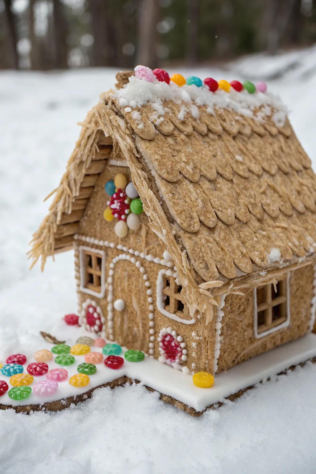 A thatched roof gives the gingerbread house a cozy beach hut look.