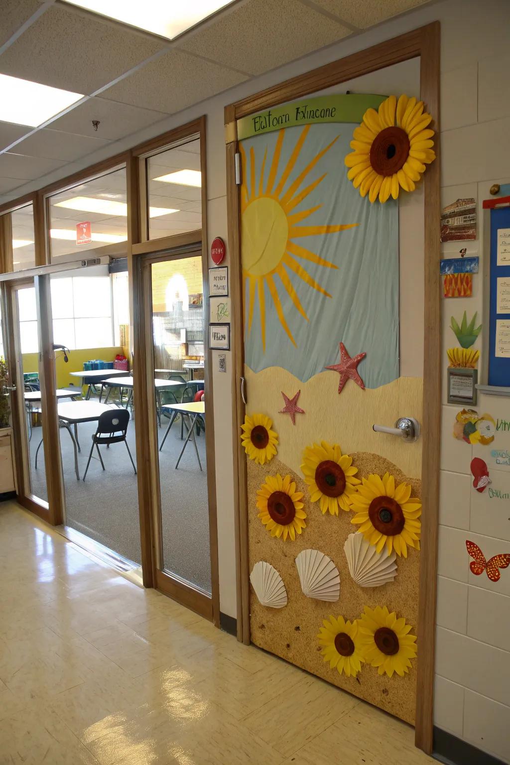 Classroom door with a cheerful sun and sand theme.