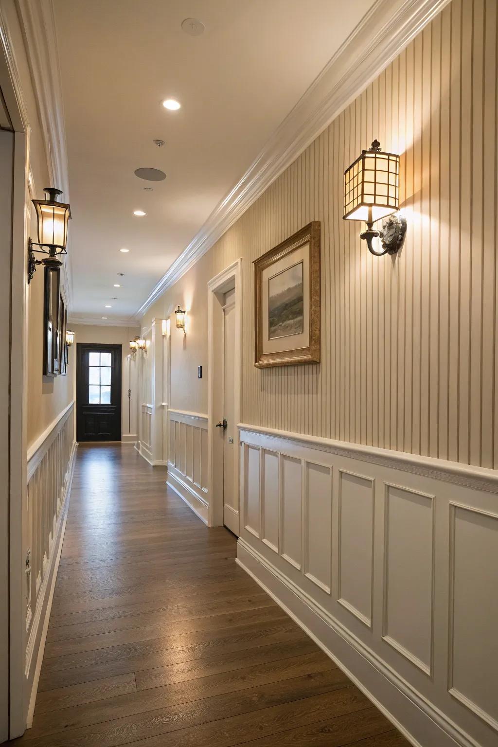 A glamorous hallway with painted beadboard walls.