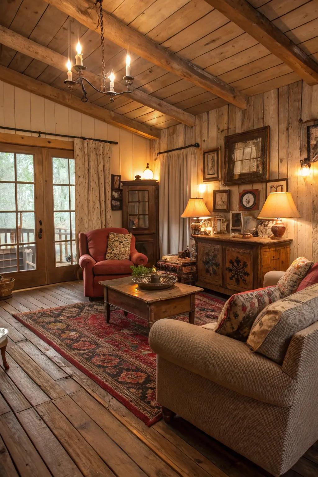 Old wood flooring adds country charm and character.
