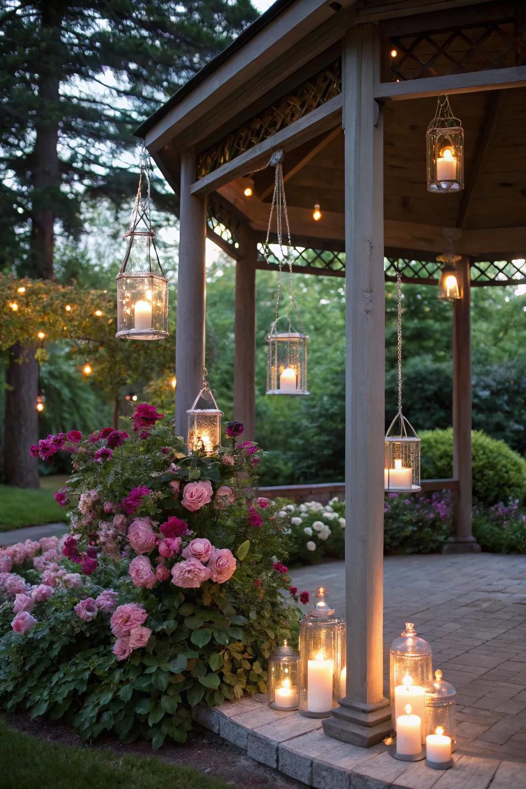 Hanging candles create a romantic and intimate ambiance.