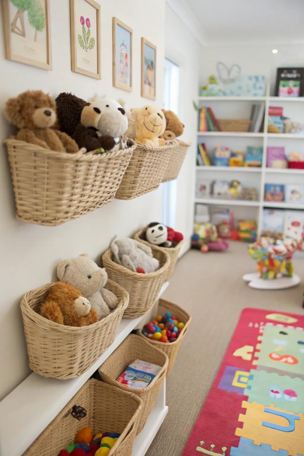 Hanging baskets bring a playful touch to toy holding.