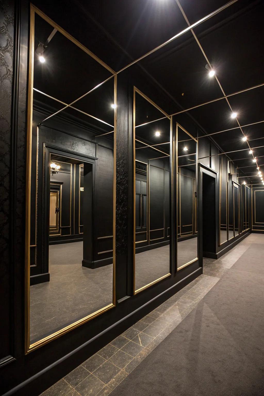 Mirrors strategically placed to expand and brighten a dark-toned room.