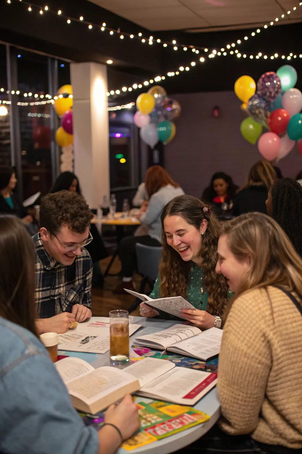 Guests participating in an energetic literary trivia session.