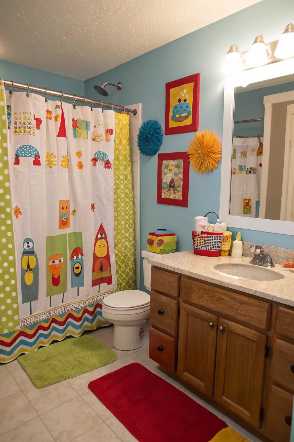 Whimsical shower curtains add fun to a boys' bathroom.