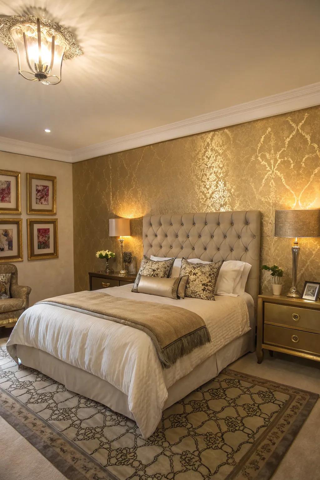 A gold accent wall adds glamour and sophistication.