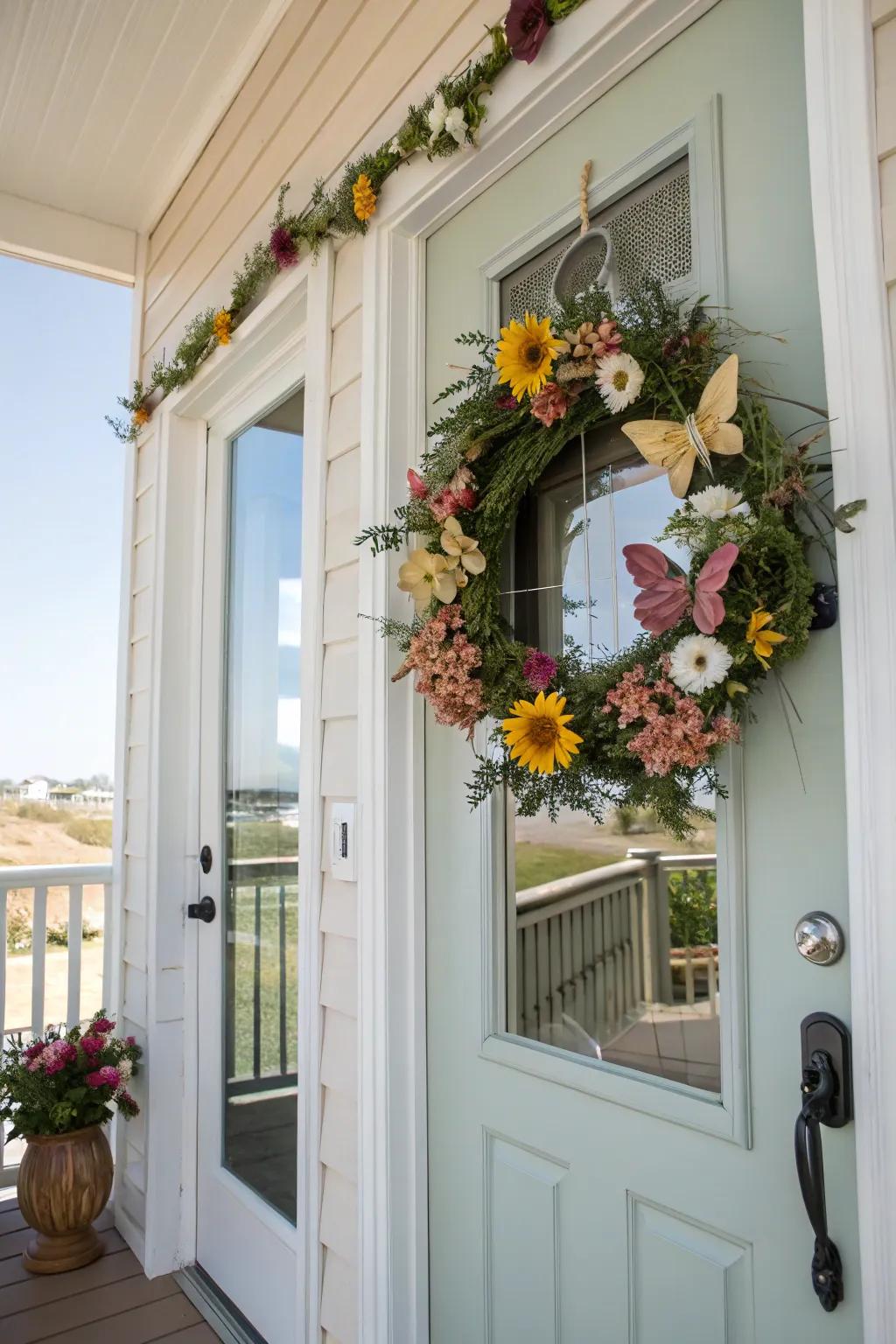 A butterfly wreath offers a cheerful welcome.