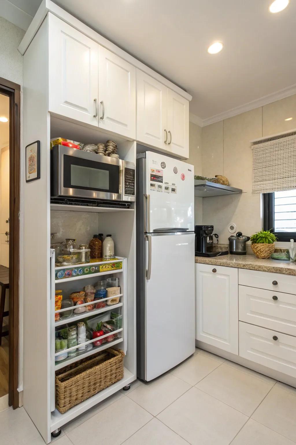A microwave nook above the fridge helps conserve valuable counter space.
