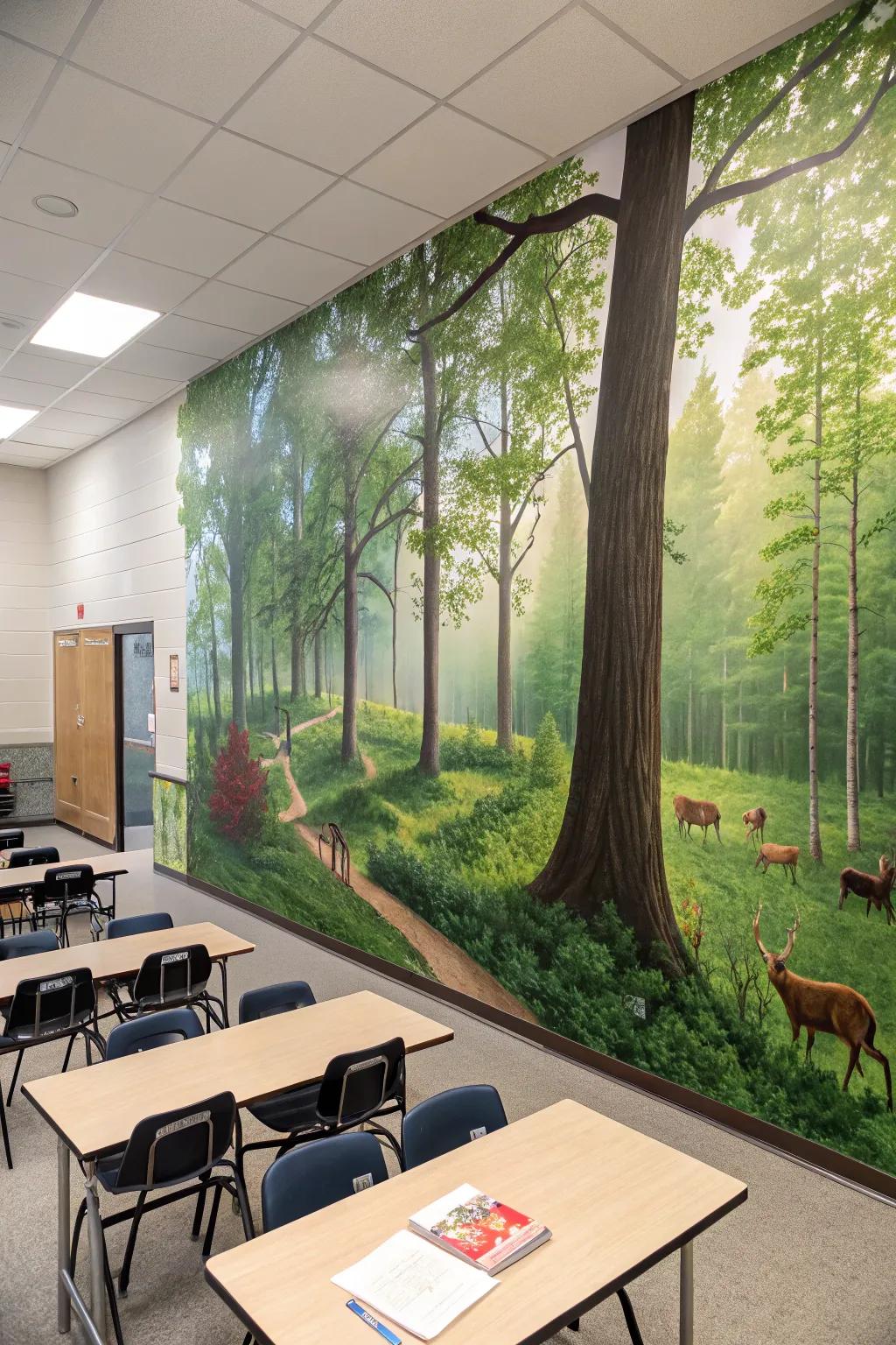 A nature-inspired wall provides a calming visual escape.