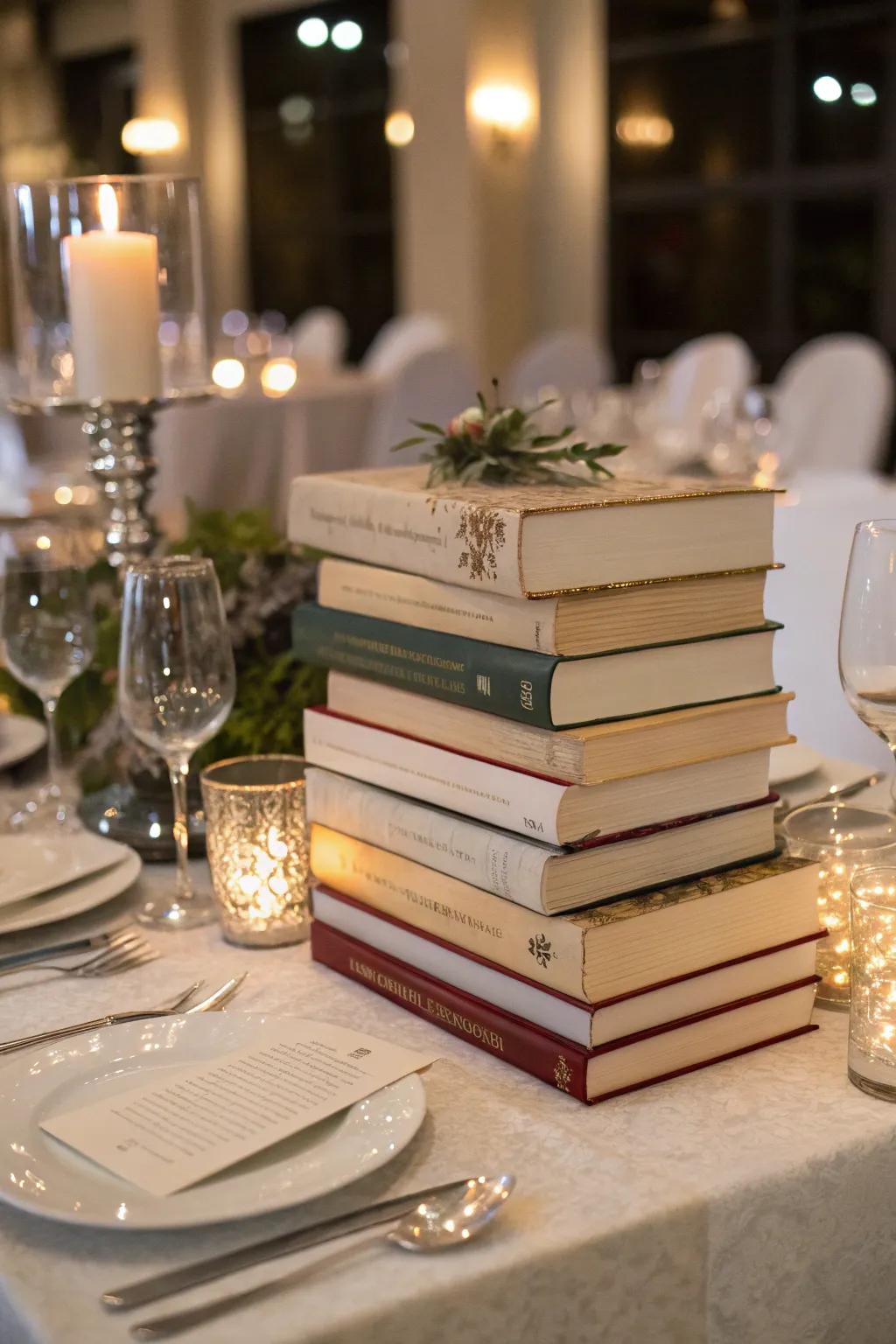 Books add a scholarly touch to the centerpiece decor.