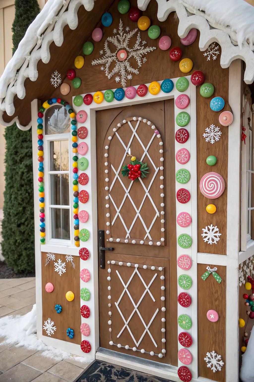 A gingerbread house theme brings sweetness to this Christmas door.