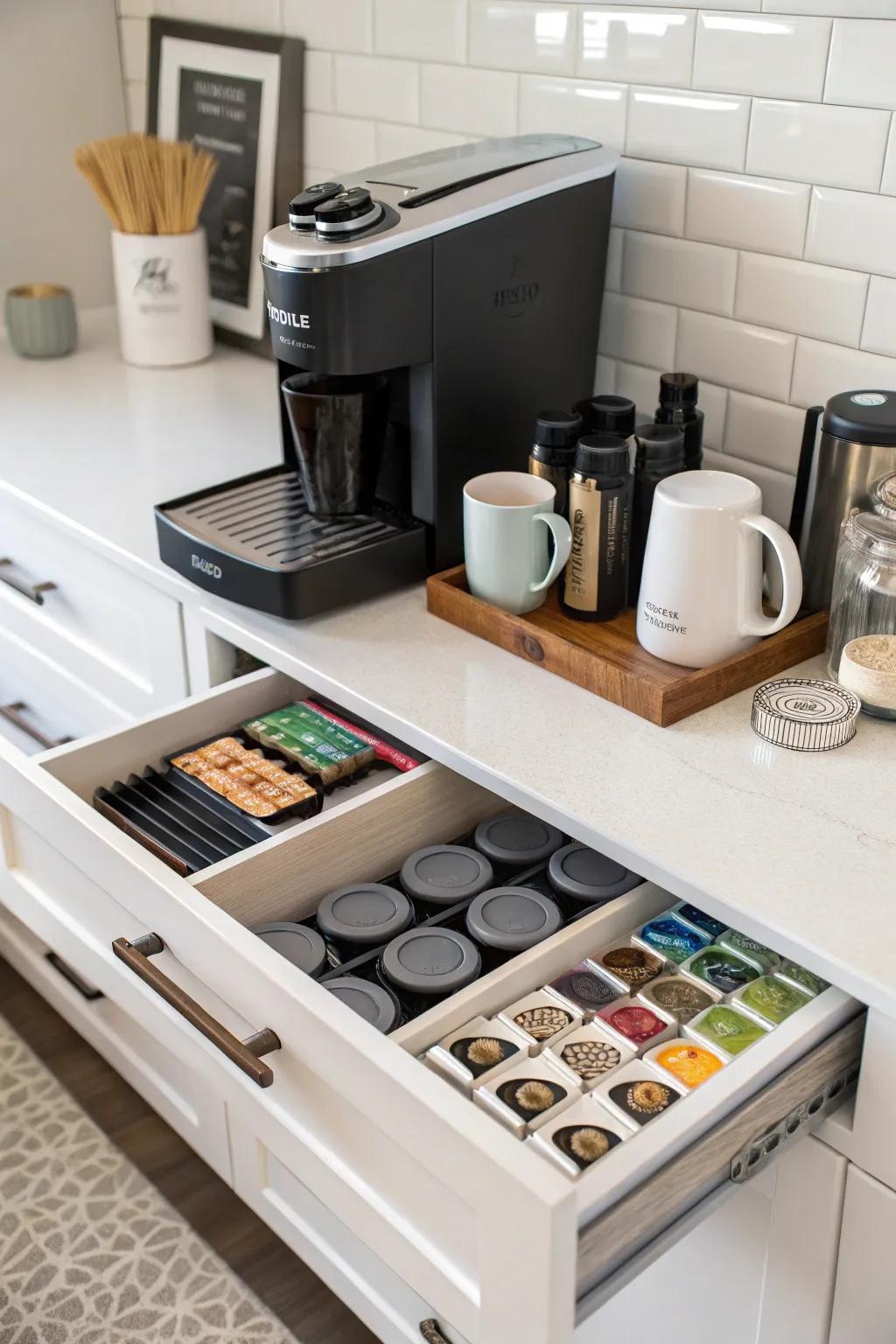 With hidden storage, coffee necessities are kept out of sight yet easily accessible.
