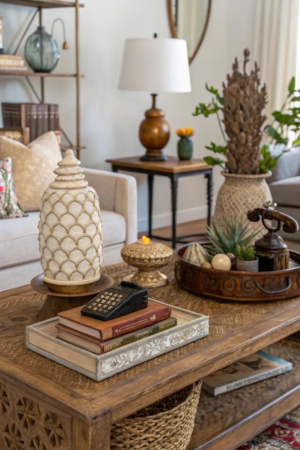 Unusual objects add a unique twist to your coffee table styling.