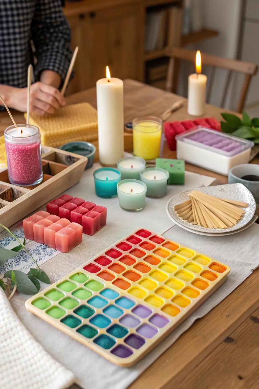 A candle making station with colorful options.