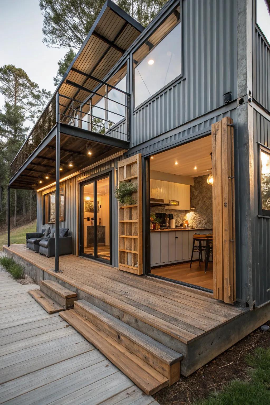 A container home featuring an industrial chic style.