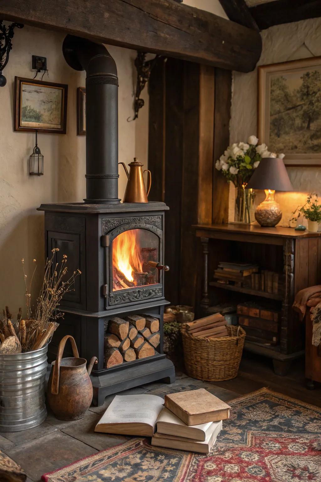 Antique decor adds vintage charm to your stove corner.