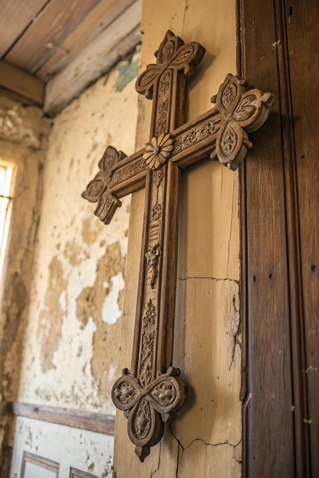 Vintage cross wall decor with historical charm.